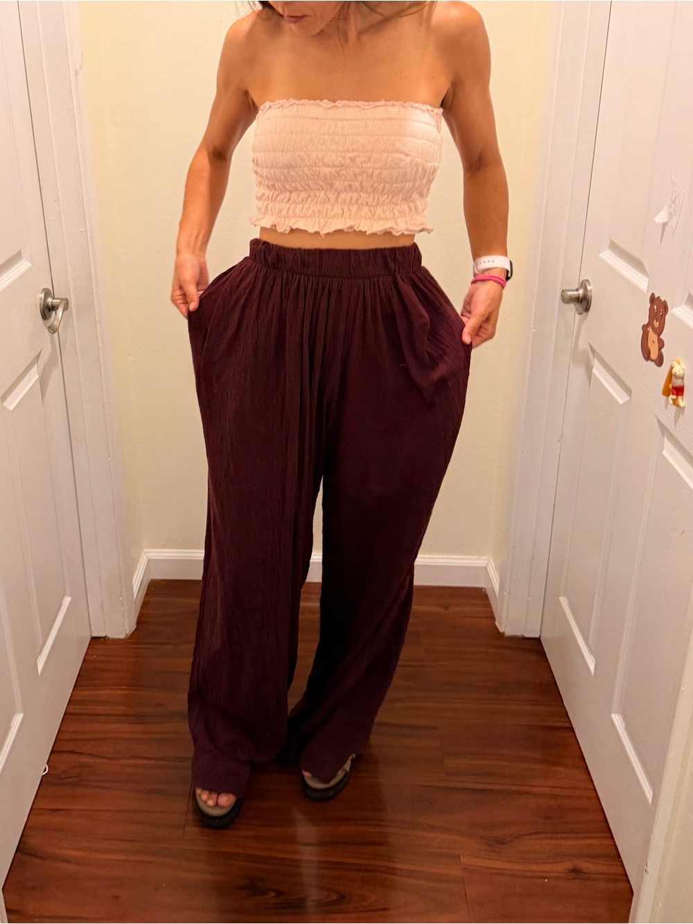 Wide-Leg Elastic Waist Pants in Burgundy